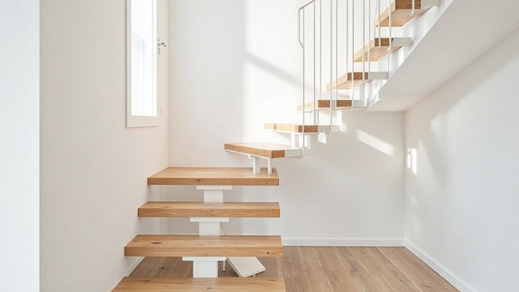 Monte-escalier tournant installé sur un escalier avec virage à Ornex, en bois clair et rail blanc