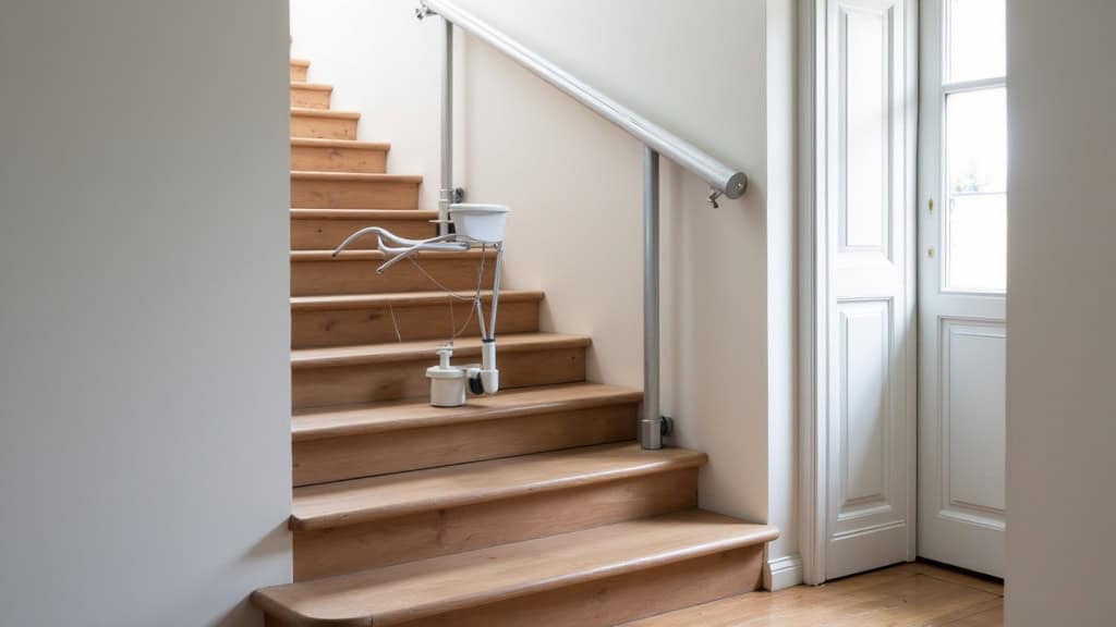 Monte-escalier tournant installé sur un escalier en colimaçon dans une maison ancienne à Chevillon, avec rail personnalisé et siège ergonomique