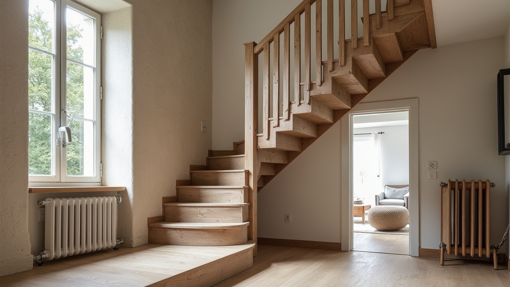 Monte-escalier tournant installé sur un escalier en colimaçon dans une maison ancienne à Foëcy