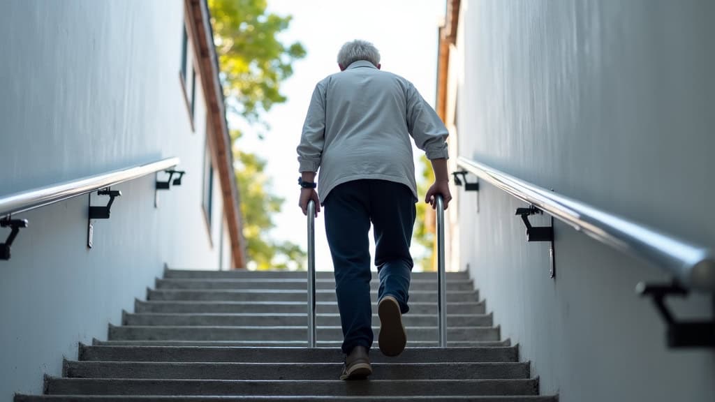 Personne âgée montant un escalier avec difficulté à Saint-Sauveur-de-Montagut