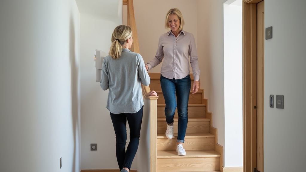 Personne âgée testant un monte-escalier lors d’une démonstration à domicile à Jumilhac-le-Grand