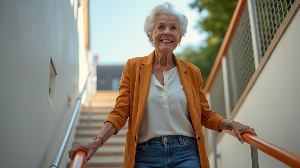 Personne âgée utilisant son monte-escalier à Thilay avec le sourire
