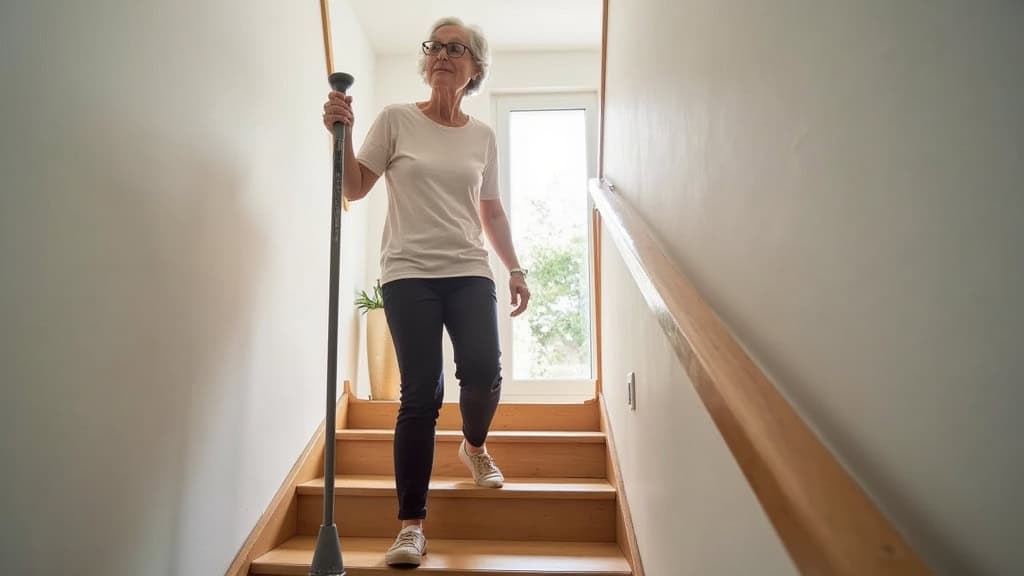 Personne âgée utilisant son monte-escalier au quotidien dans sa maison à Léojac