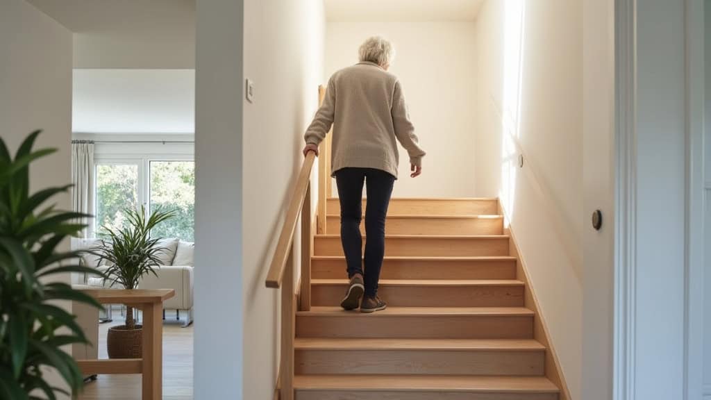 Personne âgée utilisant son monte-escalier au quotidien dans sa maison de Carentan-les-Marais