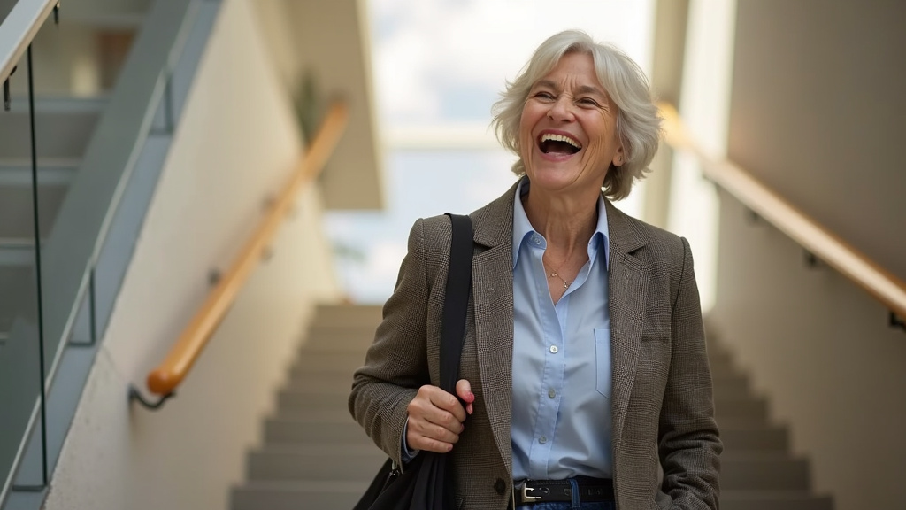 Personne âgée utilisant un monte-escalier à Boismé, souriante, en train de descendre les marches avec un sac de courses