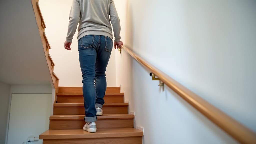 Personne âgée utilisant un monte-escalier assis dans une maison typique d
