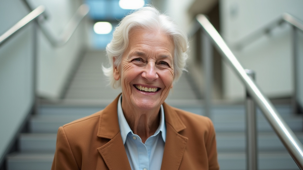 Personne âgée utilisant un monte-escalier avec un sourire de satisfaction