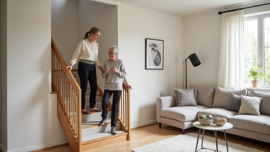 Personne âgée utilisant un monte-escalier chaise dans une maison à Châteauneuf-de-Galaure