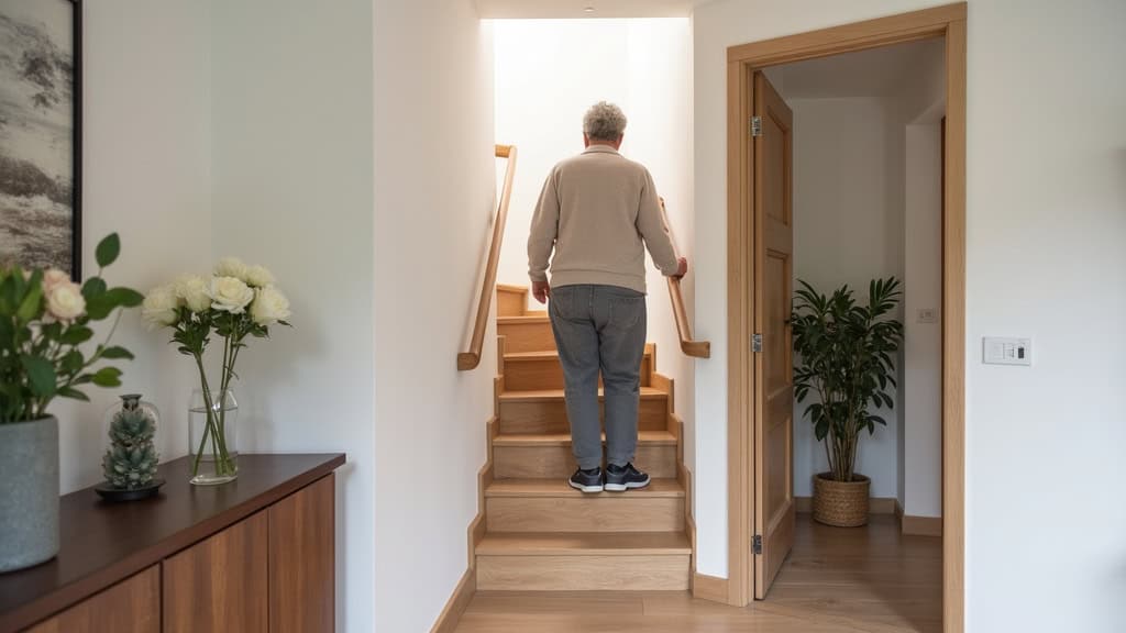 Personne âgée utilisant un monte-escalier dans une maison à Edern