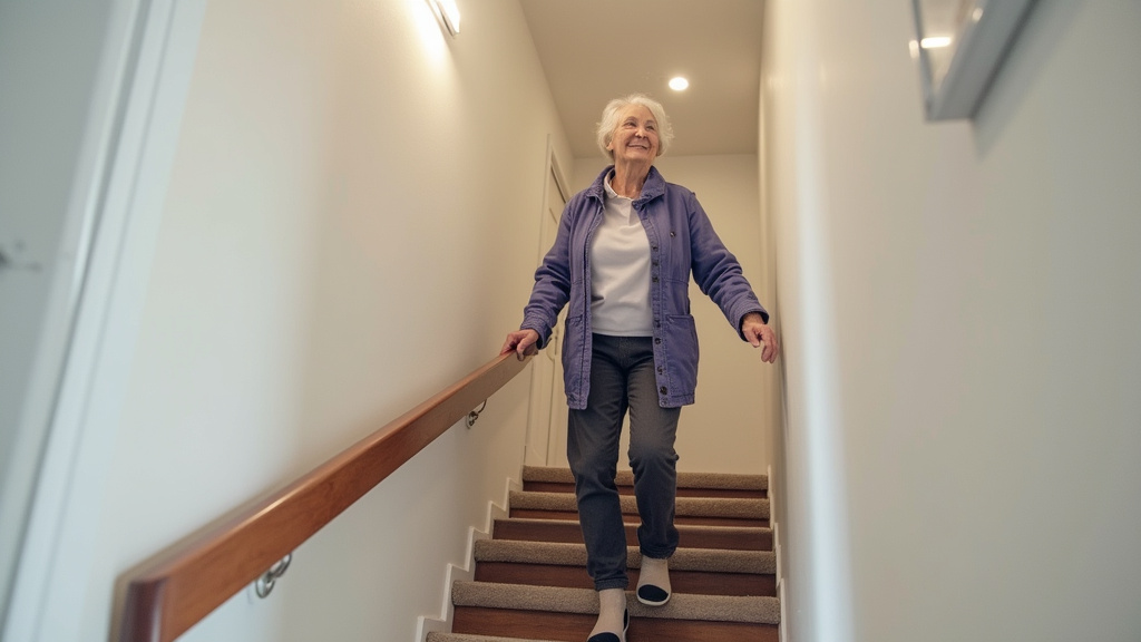 Personne âgée utilisant un monte-escalier dans une maison à Froberville (76400), souriante et en sécurité