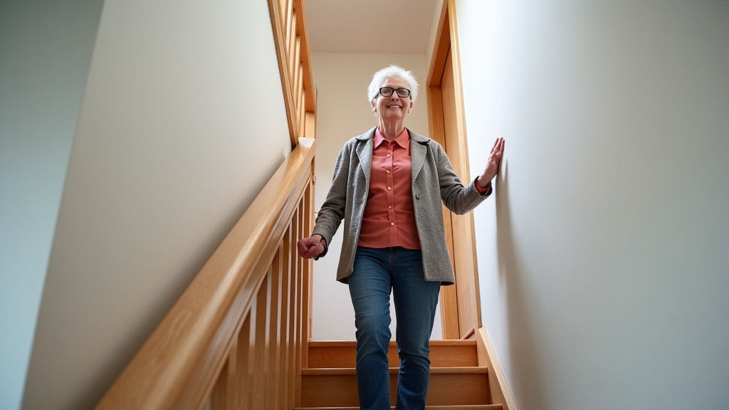 Personne âgée utilisant un monte-escalier dans une maison familiale à Upie, souriante et en sécurité