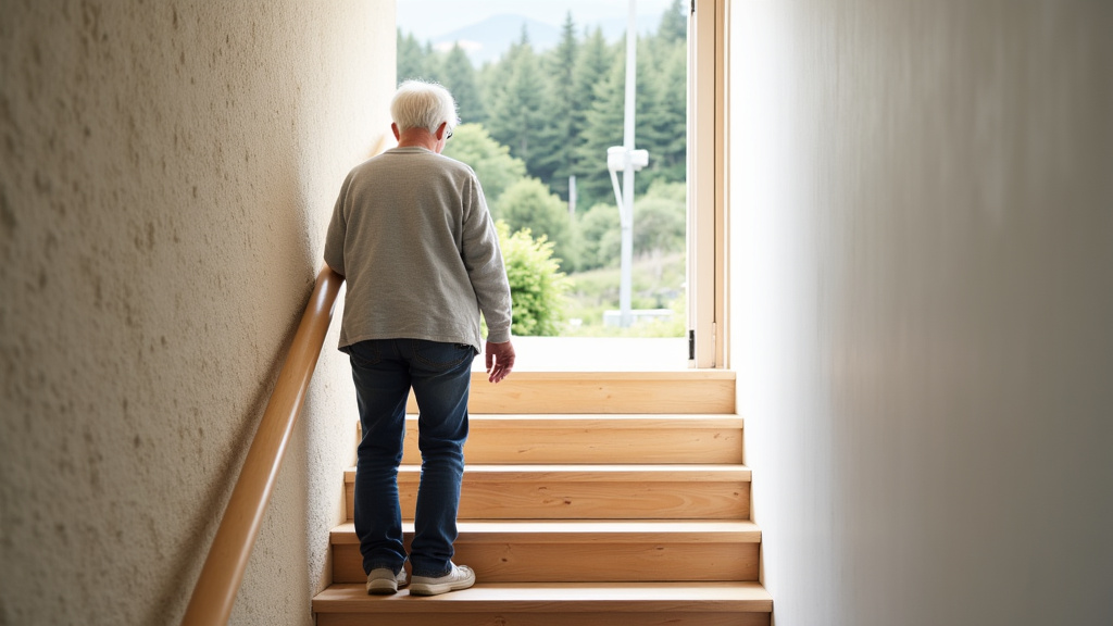 Personne âgée utilisant un monte-escalier dans une maison typique de Peltre, avec une vue sur le jardin et les collines environnantes
