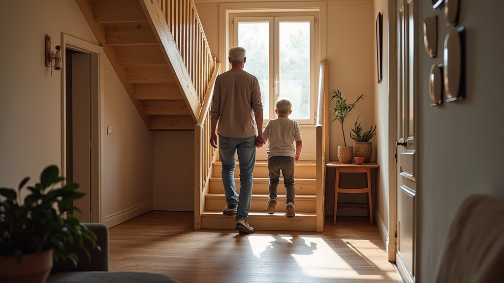 Personne âgée utilisant un monte-escalier en colimaçon dans une maison ancienne à Offendorf