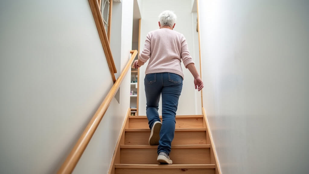 Personne âgée utilisant un monte-escalier en toute sécurité dans une maison à Cazaubon