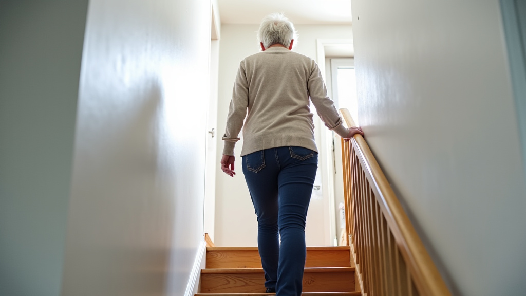 Personne âgée utilisant un monte-escalier en toute sécurité dans une maison de Pont-Hébert