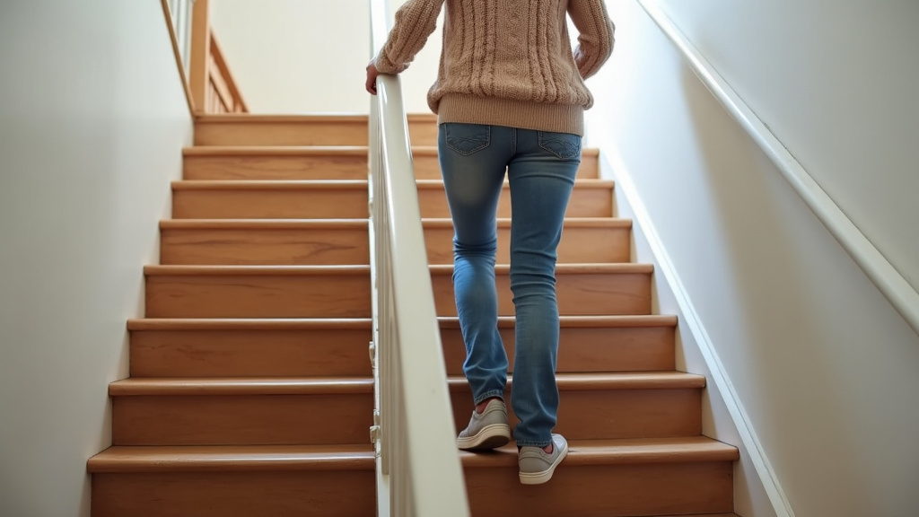 Personne âgée utilisant un monte-escalier intérieur dans une maison traditionnelle savoyarde, assise confortablement