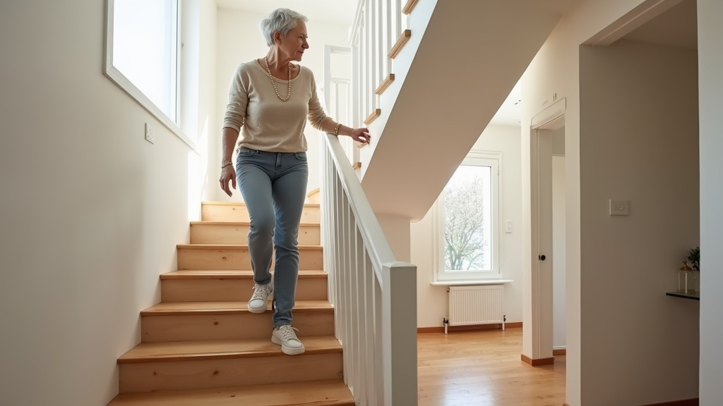 Personne âgée utilisant un monte-escalier tournant dans une maison à Crach