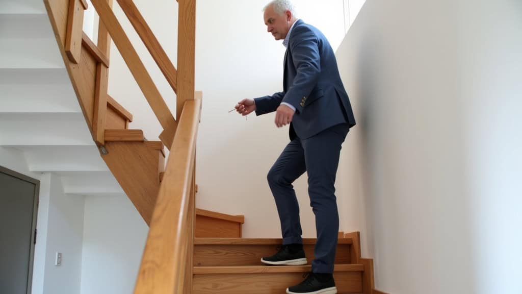 Personne âgée utilisant un monte-escalier tournant dans une maison de Marœuil, vue sur le siège pivotant