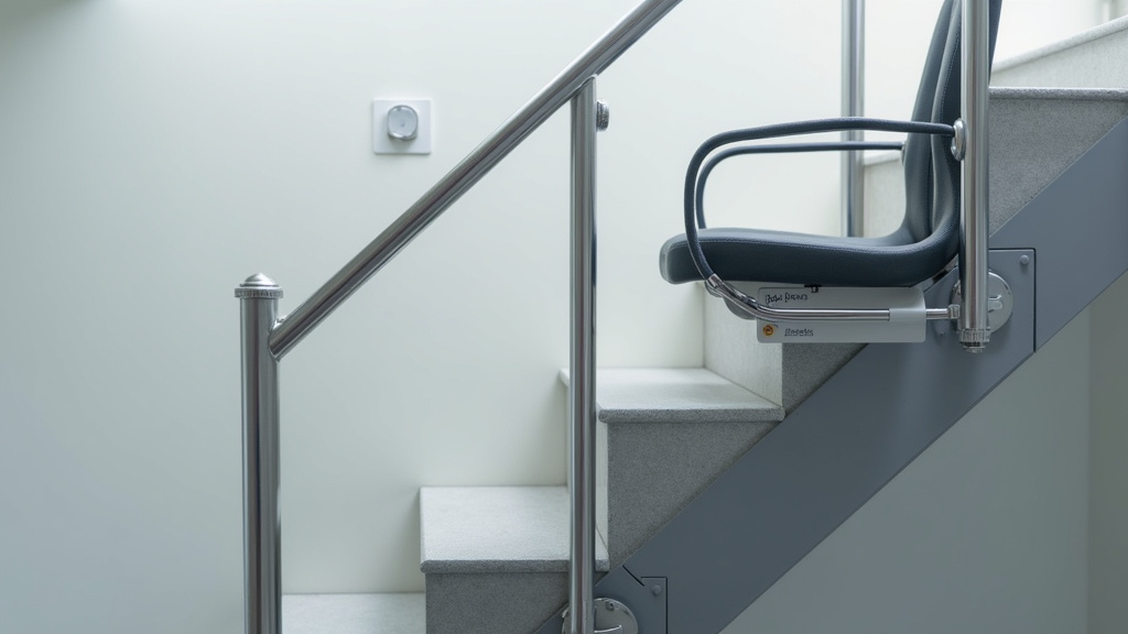 Photo d’un siège de monte-escalier avec ses commandes et ceinture de sécurité