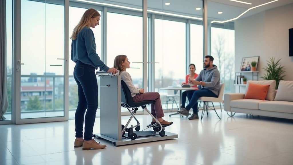 Plateforme élévatrice en fonctionnement pour un fauteuil roulant à Fleury-les-Aubrais