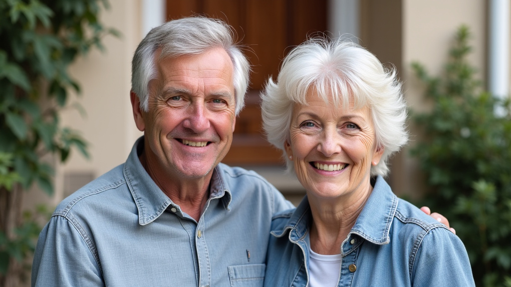 Portrait d’un couple âgé de Barjac souriant devant leur monte-escalier installé