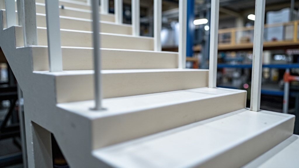 Rail sur mesure pour monte-escalier tournant en cours de fabrication en usine