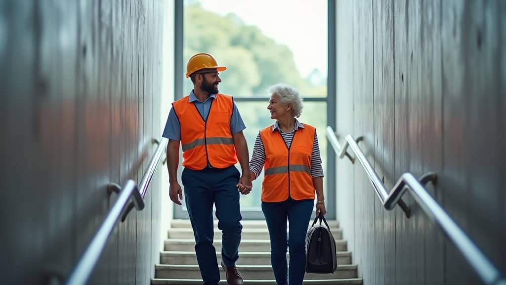 Réunion entre un technicien et un couple âgé pour établir un devis monte-escalier à Évellys