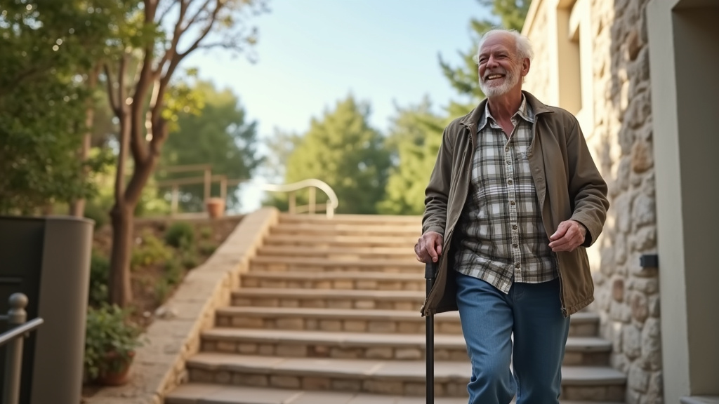 Senior souriant utilisant son monte-escalier à Ensuès-la-Redonne