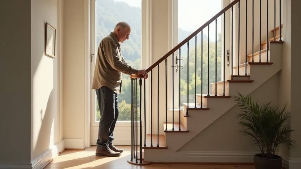 Senior utilisant son monte-escalier dans sa maison d’Oberschaeffolsheim