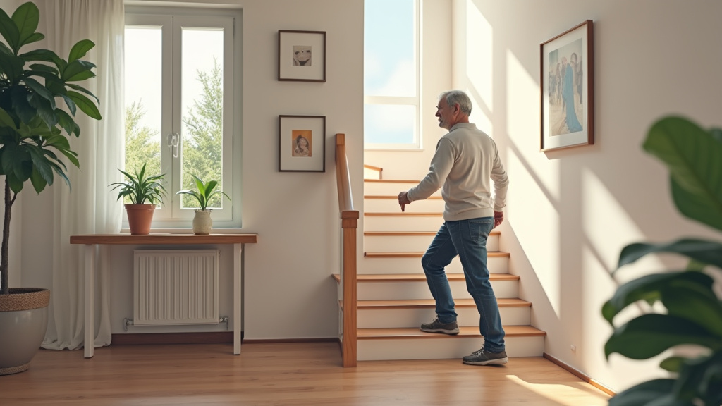 Senior utilisant son monte-escalier dans une maison de La Baconnière