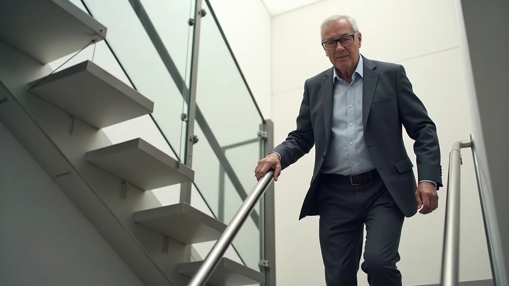 Senior utilisant un monte-escalier à Chaillac pour monter à l