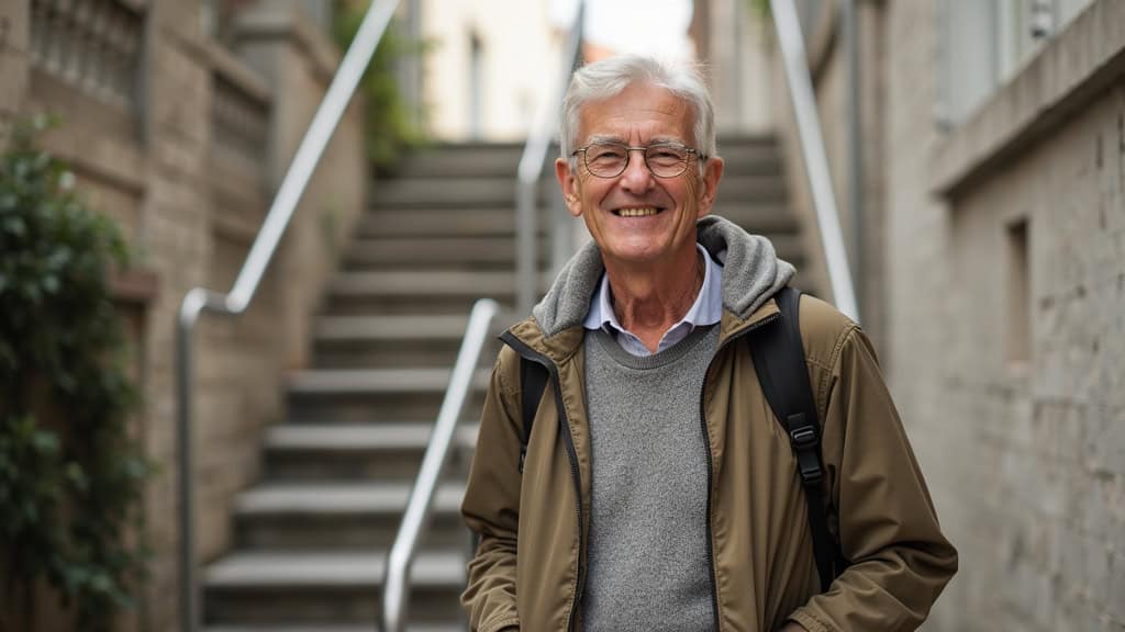 Senior utilisant un monte-escalier à Grand-Santi avec le sourire