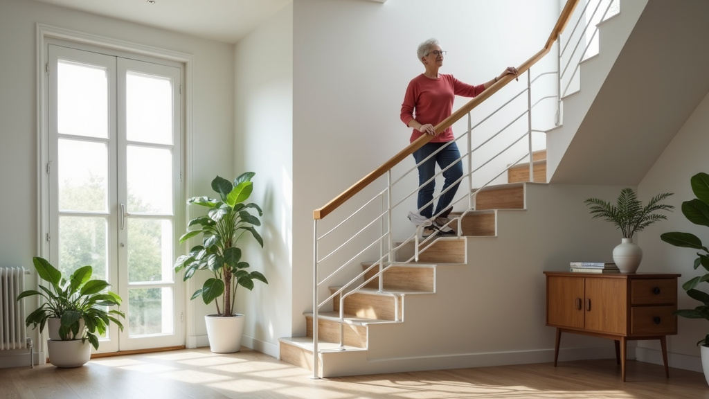 Senior utilisant un monte-escalier dans sa maison à Florange