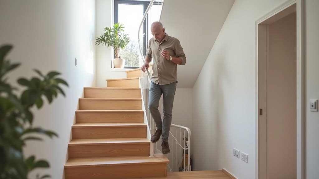 Senior utilisant un monte-escalier dans sa maison à Lanrivoaré