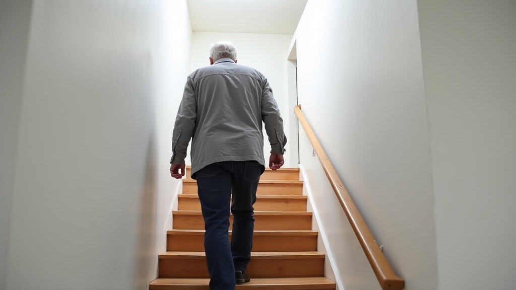 Senior utilisant un monte-escalier dans sa maison à Saint-Gérand-Croixanvec