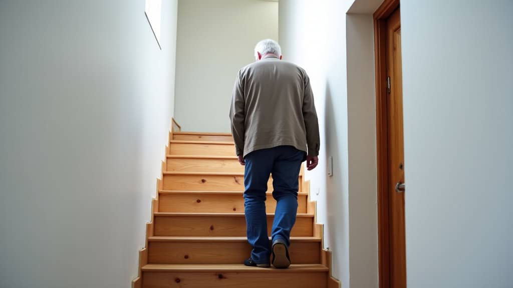 Senior utilisant un monte-escalier dans sa maison à Terre-de-Haut