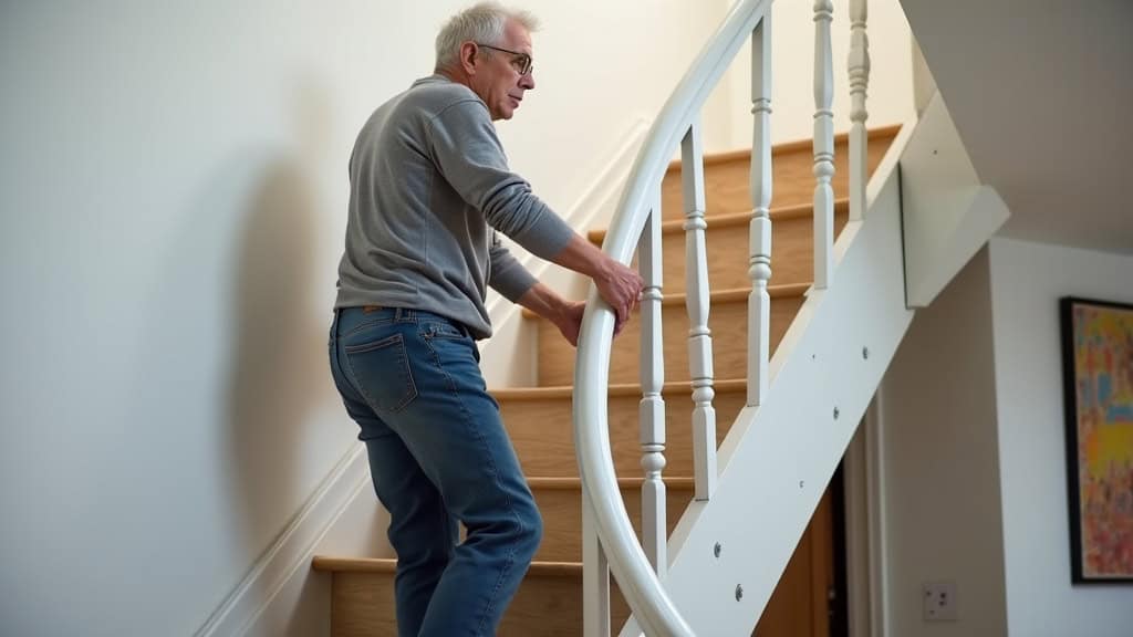 Senior utilisant un monte-escalier dans une habitation à Linars, en position assise et en toute sécurité