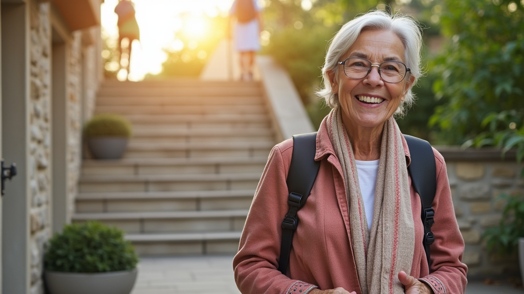 Séniors souriants devant leur monte-escalier à Moyon Villages