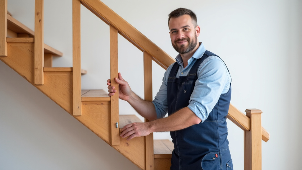 Technicien ajustant un rail de monte-escalier tournant dans une maison à Saint-Sauveur-le-Vicomte