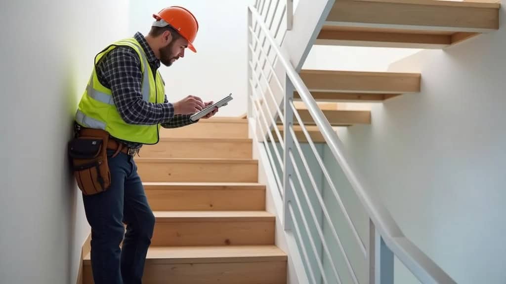 Technicien analysant un escalier à Riom pour une installation de monte-escalier