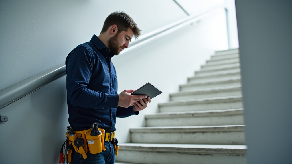 Technicien certifié en train de vérifier un monte-escalier à Volgelsheim, avec outils et document de contrôle