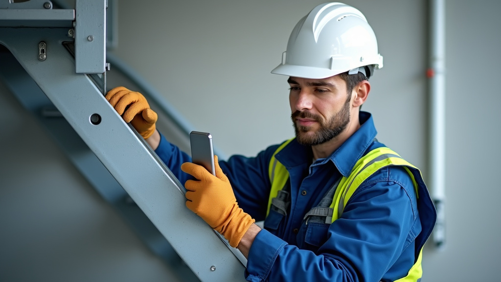 Technicien certifié RGE en train de vérifier un monte-escalier installé à Biard