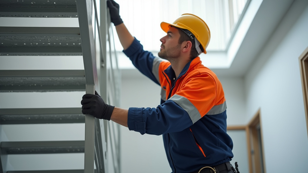 Technicien de SARL Vacher installant un monte-escalier à Fayl-Billot