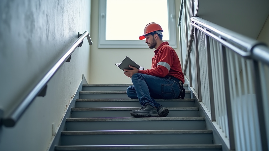 Technicien effectuant la maintenance d’un monte-escalier à Donville-les-Bains