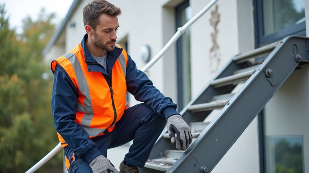 Technicien effectuant la maintenance d’un monte-escalier extérieur