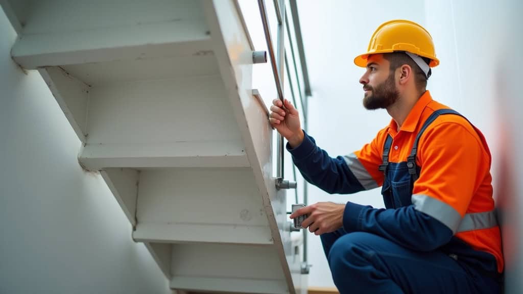 Technicien effectuant l’entretien d’un monte-escalier à La Chapelle-des-Pots