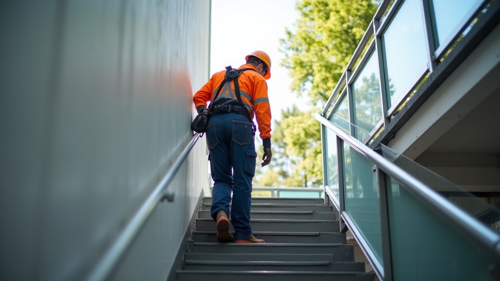 Technicien effectuant un contrôle annuel sur un monte-escalier à Châteauneuf-sur-Isère