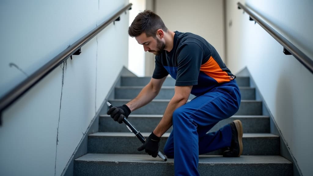 Technicien effectuant un entretien annuel sur un monte-escalier à Boëge