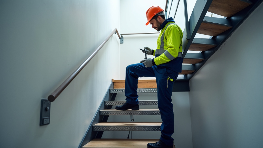 Technicien effectuant un entretien annuel sur un monte-escalier à Grièges