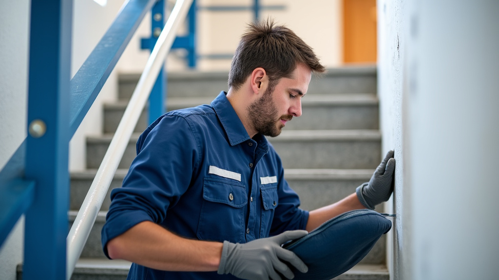 Technicien effectuant un entretien de monte-escalier à Bernières-sur-Mer